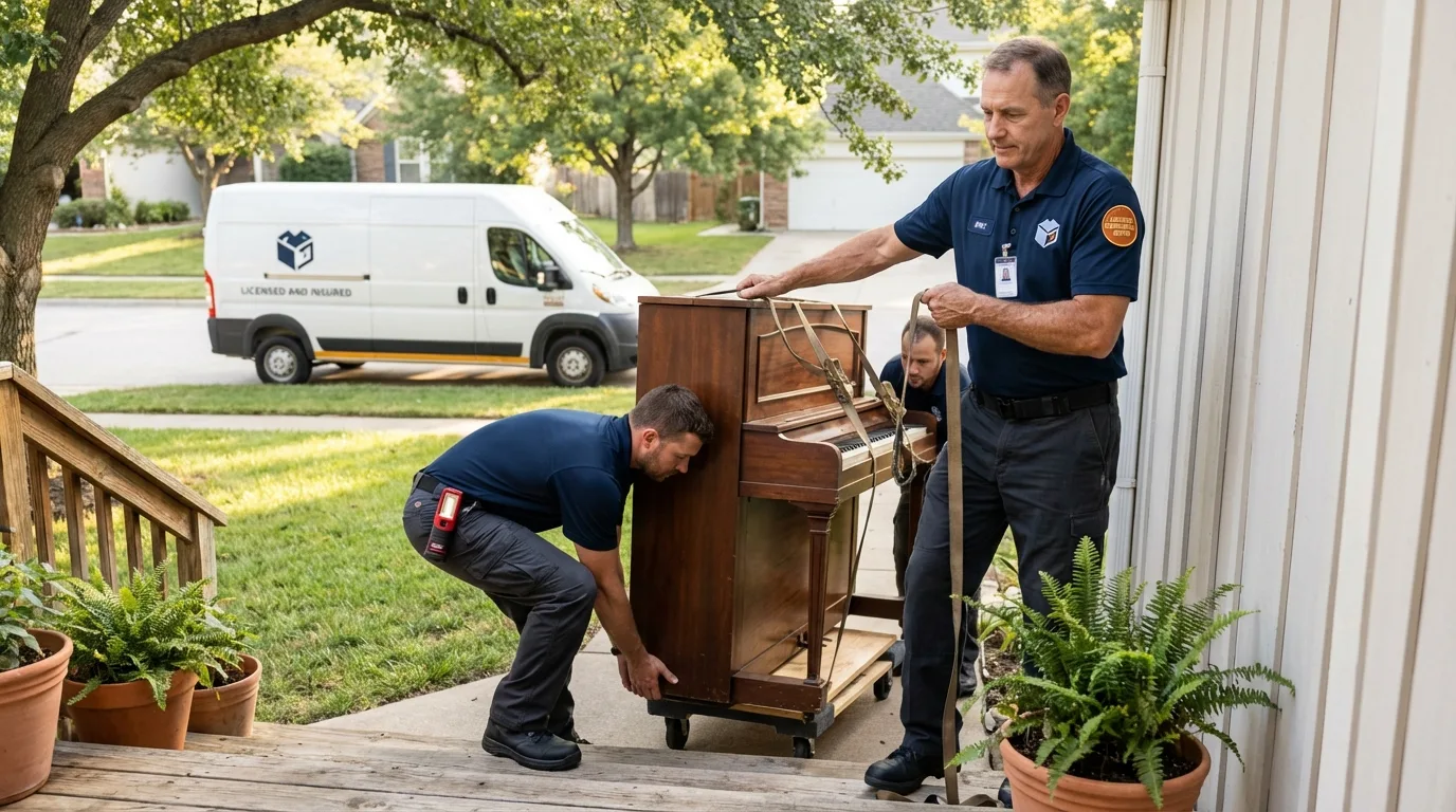 Licensed piano movers securing grand piano in Crossett, AR